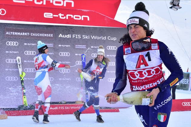 Bilder des Jahres 2020, Sport 01 Januar Sport Themen der Woche KW02 Sport Bilder des Tages 12.01.2020, xbrx, Wintersport FIS, Weltcup Super Kombination Damen - Zauchensee emspor, v.l. Federica Brignone (ITA), Marta Bassino (ITA), Podest, Siegerehrung, Champagnerdusche Zauchensee *** 12 01 2020, xbrx, winter sports FIS, World Cup Super Combination Women Zauchensee emspor, from l Federica Brignone ITA , Marta Bassino ITA , podium, award ceremony, champagne shower Zauchensee
