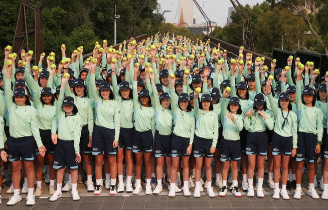 TENNIS AO BALL KIDS, The 2020 Australian Open ball kids pose for a photo during the official welcome of the Australian Open ball kids in Melbourne, Monday, January 13, 2020. ( NO ARCHIVING, EDITORIAL USE ONLY, NO USE IN BOOKS WITHOUT CONSENT MELBOURNE VIC AUSTRALIA  Copyright: xDAVIDxCROSLINGx 20200113001441851470
