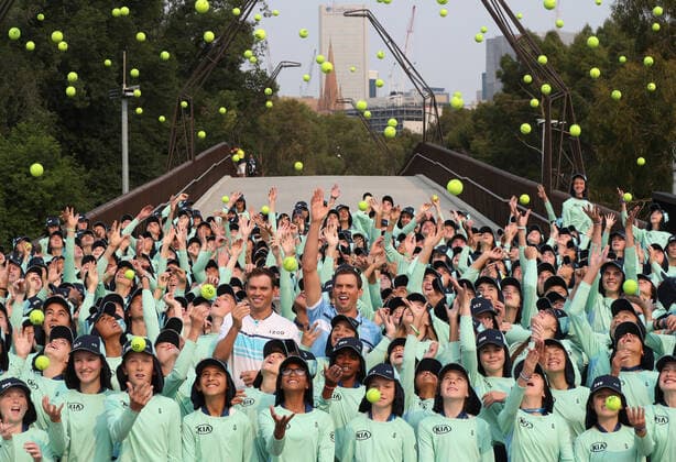 TENNIS AO BALL KIDS, Tennis doubles players Bob and Mike Bryan pose for a photo with the 2020 Australian Open ball kids during the official welcome of the Australian Open ball kids in Melbourne, Monday, January 13, 2020. ( NO ARCHIVING, EDITORIAL USE ONLY, NO USE IN BOOKS WITHOUT CONSENT MELBOURNE VIC AUSTRALIA  Copyright: xDAVIDxCROSLINGx 20200113001441851856