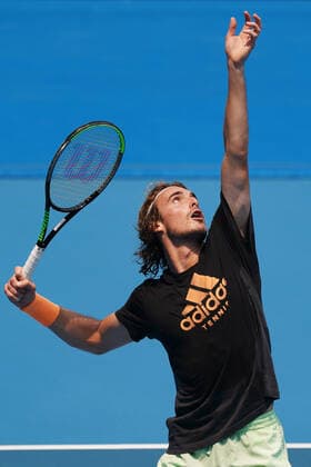 TENNIS AUSTRALIAN OPEN PRACTICE SESSIONS, Stefanos Tsitsipas of Greece serves during an Australian Open practise session at Melbourne Park in Melbourne, Monday, January 13, 2020. ( NO ARCHIVING, EDITORIAL USE ONLY, NO USE IN BOOKS WITHOUT CONSENT MELBOURNE VIC AUSTRALIA  Copyright: xMICHAELxDODGEx 20200113001441885367