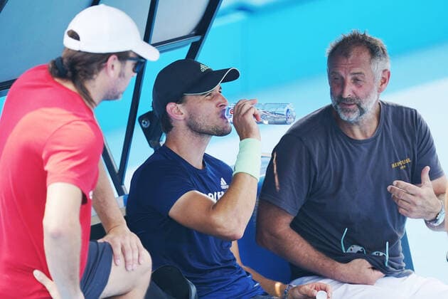 TENNIS AUSTRALIAN OPEN PRACTICE SESSIONS, Dominic Thiem of Austria listens to coach Thomas Muster during an Australian Open practise session at Melbourne Park in Melbourne, Monday, January 13, 2020. ( NO ARCHIVING, EDITORIAL USE ONLY, NO USE IN BOOKS WITHOUT CONSENT MELBOURNE VIC AUSTRALIA  Copyright: xMICHAELxDODGEx 20200113001441893552