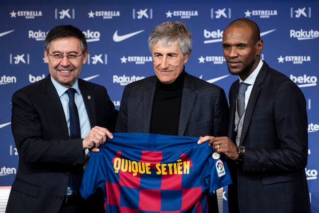 Bilder des Jahres 2020, Sport 01 Januar Sport Themen der Woche KW03 Sport Bilder des Tages 14th January 2020; Camp Nou, Barcelona, Catalonia, Spain; press conference, PK, Pressekonferenz for the introduction of the new manager Barcelona manager Quique Setien; Quique Setien with Josep Maria Bartomeu and Eric Abidal - Editorial Use  ActionPlus12203790 MarcxGonzalezxAloma