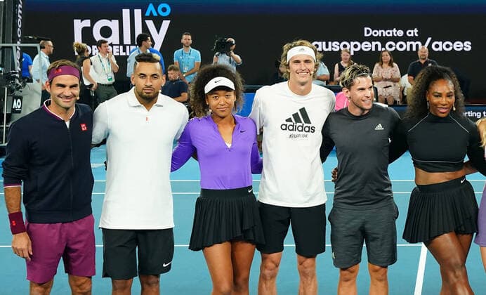 TENNIS AO RALLY FOR RELIEF, Roger Federer of Switzerland, Nick Kyrgios of Australia, Naomi Osaka of Japan, Alexander Zverev of Germany, Dominic Thiem of Austria and Serena Williams of the United States pose for a photo during the Rally For Relief at Rod Laver Arena in Melbourne, Wednesday, January 15, 2020. Tennis stars have come together for the Rally for Relief at Rod Laver Arena in Melbourne to raise money in aid of the bushfire relief efforts across Australia. ( NO ARCHIVING, EDITORIAL USE ONLY, NO USE IN BOOKS WITHOUT CONSENT MELBOURNE VIC AUSTRALIA  Copyright: xSCOTTxBARBOURx 20200115001442354393