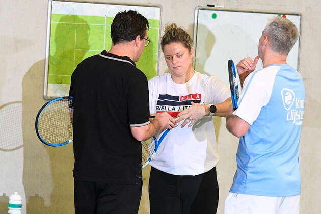 Kim Clijsters advisor Carl Maes, Belgian tennisplayer Kim Clijsters and Kim Clijsters head coach Fred Hemmes Jr pictured at an open media moment on the come back of Belgian former world number one, Kim Clijsters, in her tennis center called the kiml Clijsters Sports & Health Club, in Bree, Wednesday 15 January 2020. YORICKxJANSENS  x2456670x