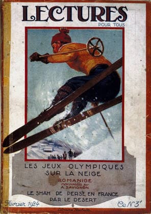 JEUX OLYMPIQUES HIVER 1924 Couverture de Lectures pour tous de Fevrier 1924, illustrant les premiers jeux olympiques d hiver a Chamonix (1924). Credit : Collection Kharbine-Tapabor. *** WINTER 1924 OLYMPIC GAMES WINTER 1924 Cover of Lectures for all of February 1924, illustrating the first Winter Olympic Games in Chamonix 1924 Credit Collection Kharbine Tapabor  KH1107