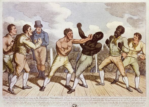 Boxing in England Boxing fight between a black and a white in England Thomas Molineaux c 1785 1818 against Tom Cribb 1781 1848 at Thistleton Gap, Rutland, Leicestershire Victory of Cribb Engraving by George CRUIKSHANK 1792 1878 c 1810 Credit Collection KHARBINE TAPABOR  KH22669
