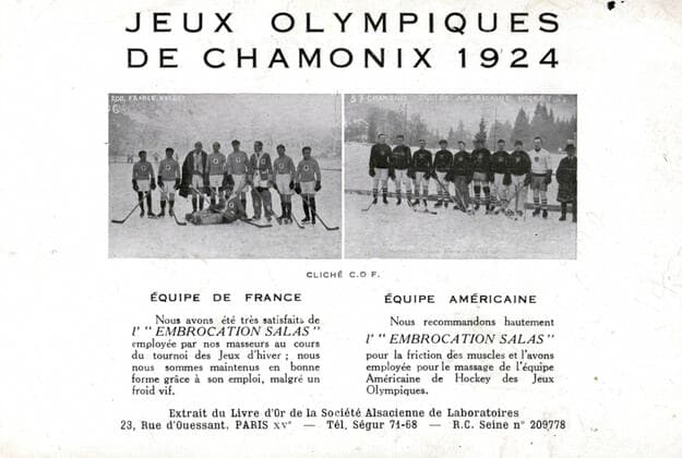 JEUX OLYMPIQUES DE CHAMONIX EN 1924 Jeux Olympiques de Chamonix 1924. Equipe de France - Equipe americaine de hockey sur glace. Carte postale publicitaire pour l embrocation Salas. Credit : IM KHARBINE-TAPABOR. *** OLYMPIC GAMES OF CHAMONIX 1924 Olympic Games of Chamonix 1924 French team American ice hockey team Advertising postcard for the embrocation Salas Credit IM KHARBINE TAPABOR  KH253358