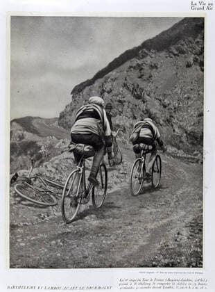 Tour de France 1919 BARTHELEMY 1890 1964 and LAMBOT 1886 1964 before the Tourmalet Stage of the Tour de France 1919, photograph taken from La Vie au grand air Credit Collection KHARBINE TAPABOR  KH38943
