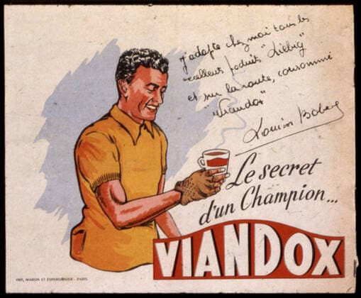 Cycling Tour de France Advertising poster from the 1950s for Viandox presented by Louison Bobet in yellow jersey J adopted all the excellent Liebig products at home, and on the road, concomitantly Viandox The secret of a champion  KH61663