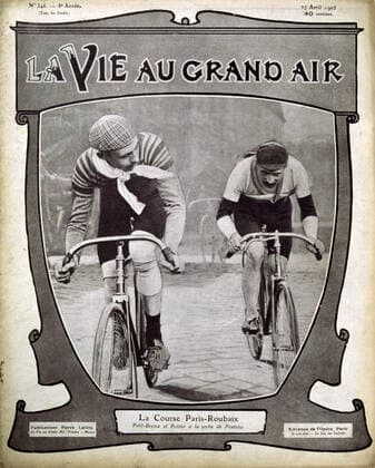 Cycling The race Paris Roubaix Petit Breton and Pottier at the exit of ePontoise on the cover of the magazine La vie au Grand Air of 17 04 1905 Credit Cheuva KHARBINE TAPABOR  KH96593