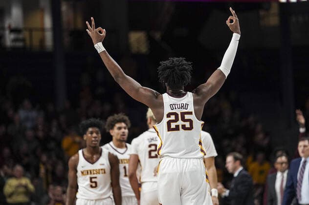 January 15, 2020, Minneapolis, MN, USA: Minnesota s Daniel Oturu (25) celebrates during the first half against Penn State at Williams Arena in Minneapolis on Wednesday, Jan. 15, 2020. Penn State at Minnesota - ZUMAm67_ 20200115_zaf_m67_053 Copyright: xReneexJonesxSchneiderx