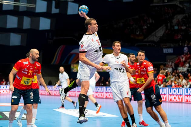 Handball, Mens European Championship 2020, Main Round, Group 1, Spain Czech Republic from left Joan Canellas Reixach Spain , Tomas Cip Czech Republic , Stanislav Kasparek Czech Republic Vienna Stadthalle Vienna Austria