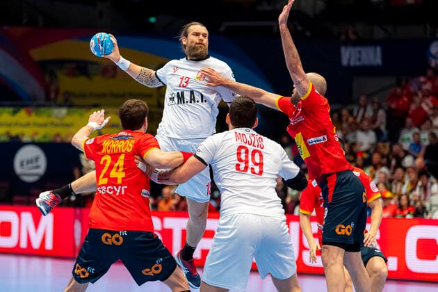 Handball, Men EM 2020, Main Round, Group 1, Spain Czech Republic from Viran Morros de Argila Spain , Pavel Horak Czech Republic THW Kiel , Jan Mojzis Czech Republic TV Emsdetten , Joan Canellas Reixach Spain Vienna Stadthalle Vienna Austria
