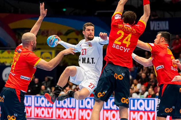Handball, Mens European Championship 2020, Main Round, Group 1, Spain Czech Republic from left Joan Canellas Reixach Spain , Ondrej Zdrahala Czech Republic , Viran Morros de Argila Spain , Gedeon Guardiola Villaplana Spain Vienna Stadthalle Vienna Austria