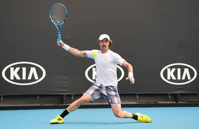 TENNIS AO PRACTICE PREVIEW, Jordan Thompson of Australia plays a shot during an Australian Open practice session at Melbourne Park in Melbourne, Saturday, January 18, 2020. ( NO ARCHIVING, EDITORIAL USE ONLY, NO USE IN BOOKS WITHOUT CONSENT MELBOURNE VIC AUSTRALIA  Copyright: xSCOTTxBARBOURx 20200118001442898194