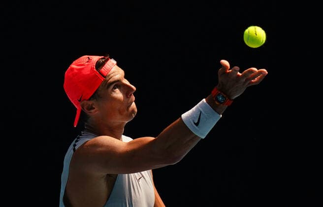 TENNIS AO PRACTICE PREVIEW, Rafael Nadal of Spain serves during an Australian Open practice session at Melbourne Park in Melbourne, Saturday, January 18, 2020. ( NO ARCHIVING, EDITORIAL USE ONLY, NO USE IN BOOKS WITHOUT CONSENT MELBOURNE VIC AUSTRALIA  Copyright: xSCOTTxBARBOURx 20200118001442900502