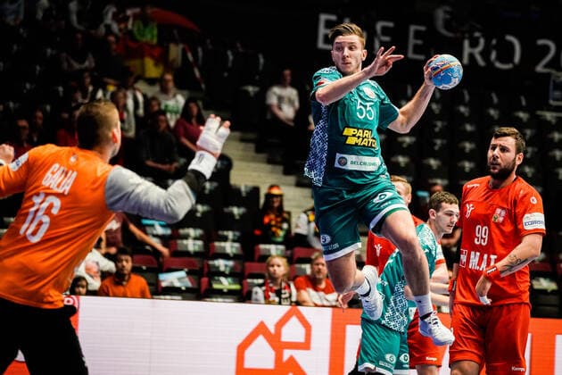 18 01 2020, Wiener Stadthalle, Vienna, AUT, EHF Euro 2020, Belarus vs. Czech Republic, main round, group I, in the picture v l Martin Galia CZE , Mikita Vailupau BLR f l Martin Galia CZE Mikita Vailupau BLR during the EHF 2020 European Handball Championship, main round group I match between Belarus and Czech Republic at the Wiener Stadthalle in Vienna, Austria on 2020 01 18 Vienna EP_sro