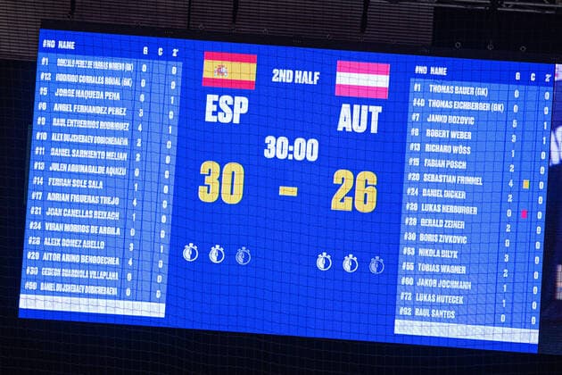 HANDBALL - EHF EURO 2020 VIENNA,AUSTRIA,18.JAN.20 - HANDBALL - EHF European Men s Handball Championship 2020, main round, ESP vs AUT. Image shows the scoreboard. GEPAxpictures xDavidxBitzan