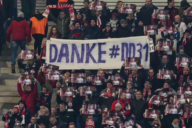The fans bid farewell to Diego Demme during the first half 1 Football Bundesliga season 2019 2020 RasenBallsport Leipzig vs. 1 FC Union Berlin in the Red Bull Arena in Leipzig Football,Germany,18 01 2020