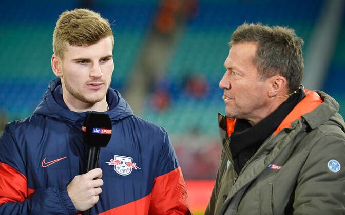 Soccer Bundesliga, season 2019 2020, 18 matchday, RB Leipzig vs. 1 FC Union Berlin 18 01 2020 3 1 0 1 Timo Werner attacker RB Leipzig, back number 11, 11 left and Lothar Matthaeus Ex National Player, Soccer Legend, Expert at Pay TV Channel Sky re after the Bundesliga match Leipzig vs. Union Berlin 18 01 2020 Werner speaks into a microphone of the Pay TV Channel Sky Sport Leipzig Sachsen Germany Red Bull Arena