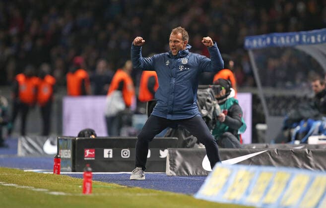 19 01 2020, Football 1 Bundesliga 2019 2020, 18 Matchday, Hertha BSC Berlin FC Bayern Munich, in the Olympiastadion Berlin Jubilation Interim Coach Hans Dieter Flick Bayern Munich to the goal of the 0 1 DFL and DFB regulations prohibit any use of photographs as image sequences and or quasi video