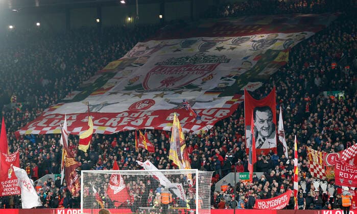 Liverpool fans on the spin kop during the Premier League match at Anfield, Liverpool. Picture date: 19th January 2020. Picture credit should read: Darren Staples Sportimage EDITORIAL USE ONLY. No use with unauthorised audio, video, data, fixture lists, club league logos or live services. Online in-match use limited to 120 images, no video emulation. No use in betting, games or single club league player publications. SPI-0443-0017