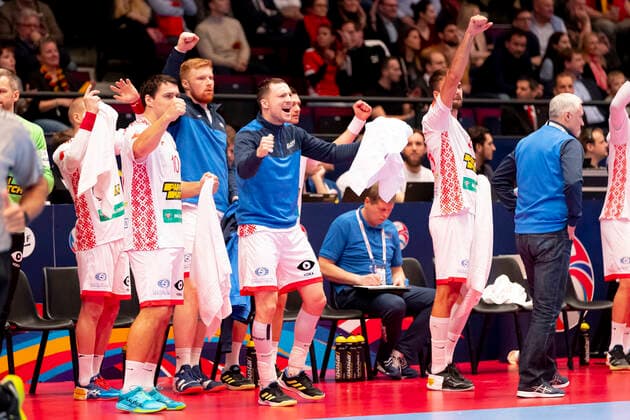 The Belarusian Bank is happy to celebrate Belarus vs. Spain, Handball, Main Round, EHF Euro 2020, 20 01 20 Vienna Vienna Austria Copyright: xAgentur54Gradx xFelixxKoenigx
