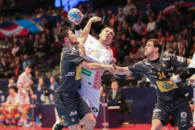 Belarus Spain, EHF Euro 2020 Dzmitry Nikulenkau Belarus 17 , DUJSHEBAEV DOBICHEBAEVA Alex Spain 10 , MORROS de ARGILA Viran Spain 24 ,, Vienna Vienna Austria Ice rink