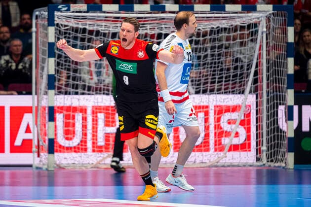 Handball, Men EM 2020, Main Round, Group 1, Austria Germany Tobias Reichmann Germany MT Melsungen Joy Emotion Goalscorer Goalscorer Vienna Stadthalle Vienna Austria