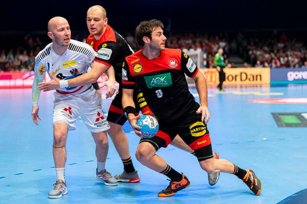 Handball, Men EM 2020, Main Round, Group 1, Austria Germany from Robert Weber Austria HSG Nordhorn , Paul Drux Germany Fuechse Berlin , Uwe Gensheimer Germany Rhein Neckar Loewen Vienna Stadthalle Vienna Austria