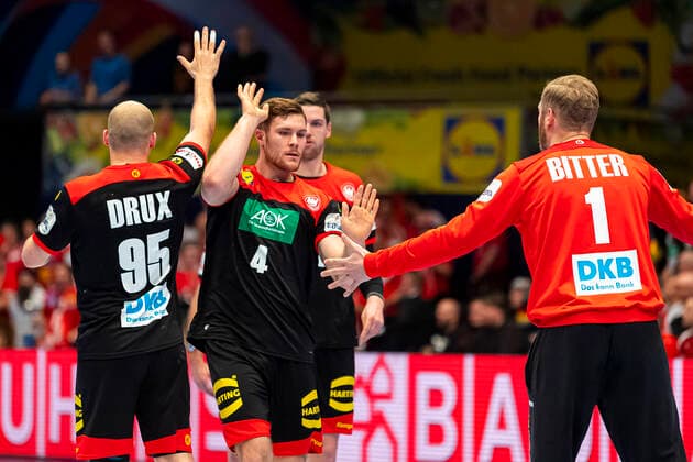 Handball, Men EM 2020, Main Round, Group 1, Austria Germany Paul Drux Germany Fuechse Berlin , Johannes Golla Germany SG Flensburg , Johannes Bitter Germany TVB Stuttgart Vienna Stadthalle Vienna Austria