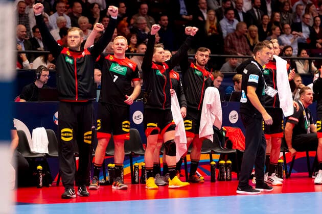 Johannes Bitter No. 1, Germany , Patrick Wiencek No. 7, Germany , Tobias Reichmann No. 9, Germany , Jannik Kohlbacher No. 48, Germany rejoice Austria vs. Germany, Handball, Main Round, EHF Euro 2020, 20 01 20 Vienna Vienna Vienna Austria Copyright: xAgentur54Gradx xFelixxKoenigx