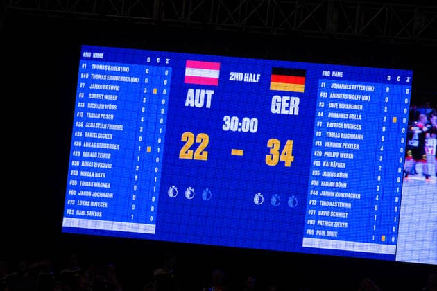 HANDBALL - EHF EURO 2020, AUT vs GER VIENNA,AUSTRIA,20.JAN.20 - HANDBALL - EHF European Men s Handball Championship 2020, main round, Austria vs Germany Image shows the scoreboard. GEPAxpictures xDavidxBitzan