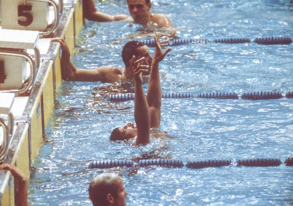 BAU Germany 1972 Munich Olympic Games, swimming 200 meter crawl men, Mark Spitz USA, 2 lanes from below