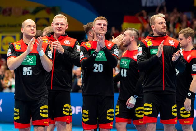 Handball, Men EM 2020, Main Round, Group 1, Austria Germany by Paul Drux Germany Fuechse Berlin , Patrick Wiencek Germany THW Kiel , Philipp Weber Germany SC DHfK Leipzig , Julius Kühn Kuehn Germany MT Melsungen Vienna Stadthalle Vienna Austria