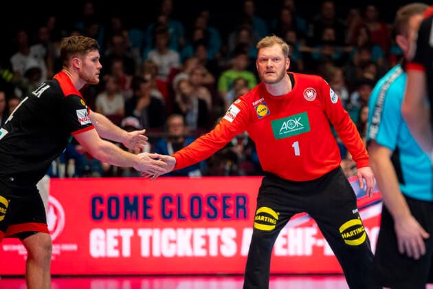 Handball, Men EM 2020, Main Round, Group 1, Austria Germany from left Johannes Golla Germany SG Flensburg , Johannes Bitter Germany TVB Stuttgart Vienna Stadthalle Vienna Austria