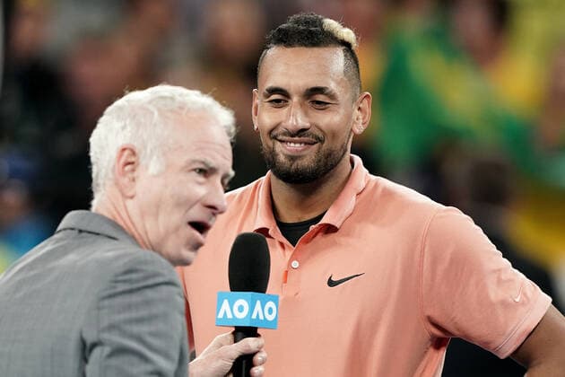AUSTRALIAN OPEN DAY 2, Nick Kyrgios of Australia (right) is interviewed by John McEnroe (left) after winning his first round match against Lorenzo Sonego of Italy on day two of the Australian Open tennis tournament at Melbourne Arena in Melbourne, Tuesday, January 21, 2020. ( NO ARCHIVING, EDITORIAL USE ONLY, NO USE IN BOOKS WITHOUT CONSENT MELBOURNE VIC AUSTRALIA  Copyright: xDAVExHUNTx 20200121001443559812