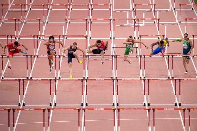 Athletes in action, race, run, preliminary 110m hurdles of men, on 30 09 2019 World Championships in Athletics 2019 in Doha Qatar, from 27 09 10 10 2019 Â