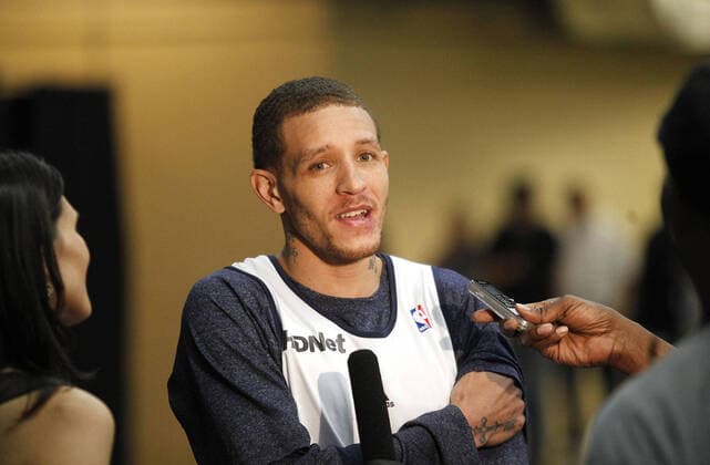April 29, 2012, Oklahoma City, OK, USA: Delonte West, then a shooting guard with the Dallas Mavericks, talks with the media following practice in Oklahoma City, Okla., Sunday, April 29, 2012. Mike Jensen: Delonte West™s peers eager to step up and help after troubling videos - ZUMAm67_ 20120429_zaf_m67_001 Copyright: xRonxJenkinsx