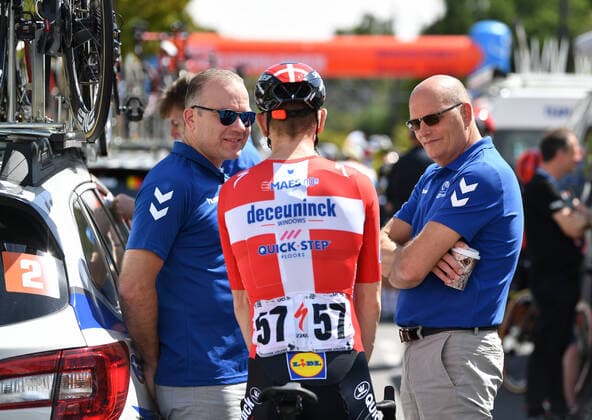 CYCLING TOUR DOWN UNDER, Team NTT sports director Lars Michaelsen (L) and Team NTT co-owner Bjarne Riis (R) are seen with Danish rider Michael Morkov during stage two of the Tour Down Under from Woodside to Stirling in South Australia, Wednesday, January 22, 2020. ( NO ARCHIVING, EDITORIAL USE ONLY, NO USE IN BOOKS WITHOUT CONSENT ADELAIDE SA AUSTRALIA  Copyright: xDAVIDxMARIUZx 20200122001443716465