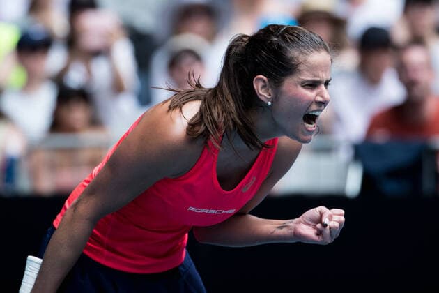 (200122) -- MELBOURNE, Jan. 22, 2020 -- Julia Goerges of Germany celebrates during the women s singles second round match against Petra Martic of Croatia at the 2020 Australian Open tennis tournament in Melbourne, Australia, Jan. 22, 2020. ) (SP)AUSTRALIA-MELBOURNE-TENNIS-AUSTRALIAN OPEN-DAY 3 ZhuxHongye 