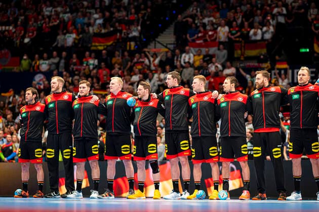 Handball, Men EM 2020, Main Round, Group 1, Austria Germany v Uwe Gensheimer Germany Rhein Neckar Loewen , Johannes Bitter Germany TVB Stuttgart , Johannes Golla Germany SG Flensburg , Patrick Wiencek Germany THW Kiel , Tobias Reichmann Germany MT Melsungen , Hendrik Pekeler Germany THW Kiel , Philipp Weber Germany SC DHfK Leipzig , Kai Häfner Haefner Haefner Germany MT Melsungen , Torhueter Andreas Wolff Germany Kielce , Julius Kühn Kuehn Germany MT Melsungen Vienna Stadthalle Vienna Austria