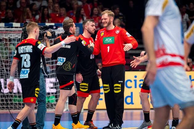 Handball, Men EM 2020, Main Round, Group 1, Austria Germany from left Timo Kastening Germany TSV Hannover , Tobias Reichmann Germany MT Melsungen , Jannik Kohlbacher Germany Rhein Neckar Loewen , Johannes Bitter Germany TVB Stuttgart Vienna Stadthalle Vienna Austria