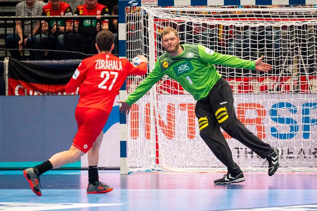 Handball, Men EM 2020, Main Round, Group 1, Czech Republic Germany v l Ondrej Zdrahala Czech Republic , Johannes Bitter Germany TVB Stuttgart Vienna Stadthalle Vienna Austria