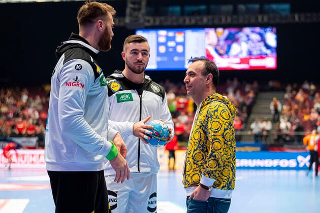 Handball, Mens European Championship 2020, Main Round, Group 1, Czech Republic Germany by goalkeeper Andreas Wolff Germany Kielce , Jannik Kohlbacher Germany Rhein Neckar Loewen , DHB Vice President Bob Hanning Germany Vienna Stadthalle Vienna Austria