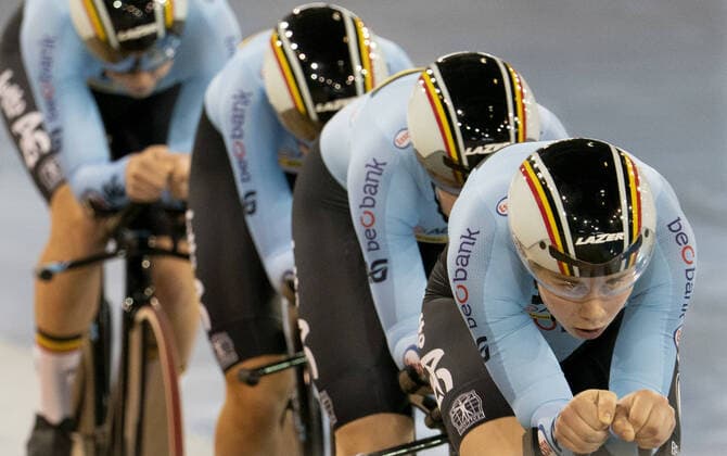 January 24, 2020, Milton, Ontario, Canada: Belgium s Lotte Kopecky leads her team during the first round of team pursuit at the Tissot Track cycling, Rad, Radsport, Bahnrad, Bahn World Cup in Milton, Ontario on Friday, January 24, 2020. Cycling 2020 - Tissot Track Cycling World Cup - Canada - ZUMAp131 20200124_zap_p131_011 Copyright: xPeterxPowerx
