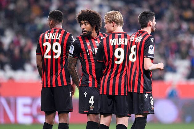 04 DANTE (NICE) - 09 KASPER DOLBERG (NICE) - MUR - COUP FRANC FOOTBALL : Nice vs Rennes - Ligue 1 Conforama - 24 01 2020 FEP Panoramic 
