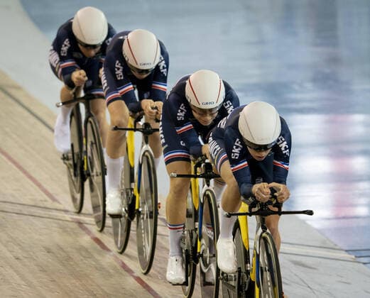 January 24, 2020, Milton, Ontario, Canada: France s Valentine Fortin leads her team during the first round of women s team pursuit at the Tissot Track cycling, Rad, Radsport, Bahnrad, Bahn World Cup in Milton, Ontario on Friday, January 24, 2020. Cycling 2020 - Tissot Track Cycling World Cup - Canada - ZUMAp131 20200124_zap_p131_025 Copyright: xPeterxPowerx