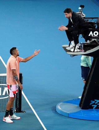 AUSTRALIAN OPEN DAY 6, Nick Kyrgios of Australia remonstrates with chair umpire Renaud Lichentestein during his third round match against Karen Kachanov of Russia on day six of the Australian Open tennis tournament at Melbourne Arena in Melbourne, Saturday, January 25, 2020.( NO ARCHIVING, EDITORIAL USE ONLY, NO USE IN BOOKS WITHOUT CONSENT MELBOURNE VIC AUSTRALIA  Copyright: xMICHAELxDODGEx 20200125001444418790