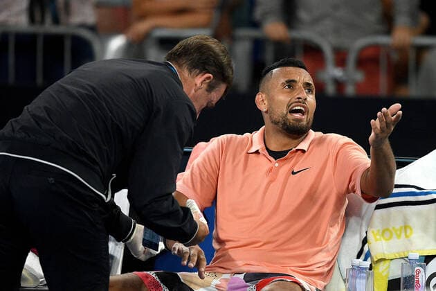 AUSTRALIAN OPEN DAY 6, Nick Kyrgios of Australia remonstrates with chair umpire Renaud Lichentestein ashe receives treatment for a cut on his hand during his third round match against Karen Kachanov of Russia on day six of the Australian Open tennis tournament at Melbourne Arena in Melbourne, Saturday, January 25, 2020. ( NO ARCHIVING, EDITORIAL USE ONLY, NO USE IN BOOKS WITHOUT CONSENT MELBOURNE VIC AUSTRALIA  Copyright: xLUKASxCOCHx 20200125001444419175